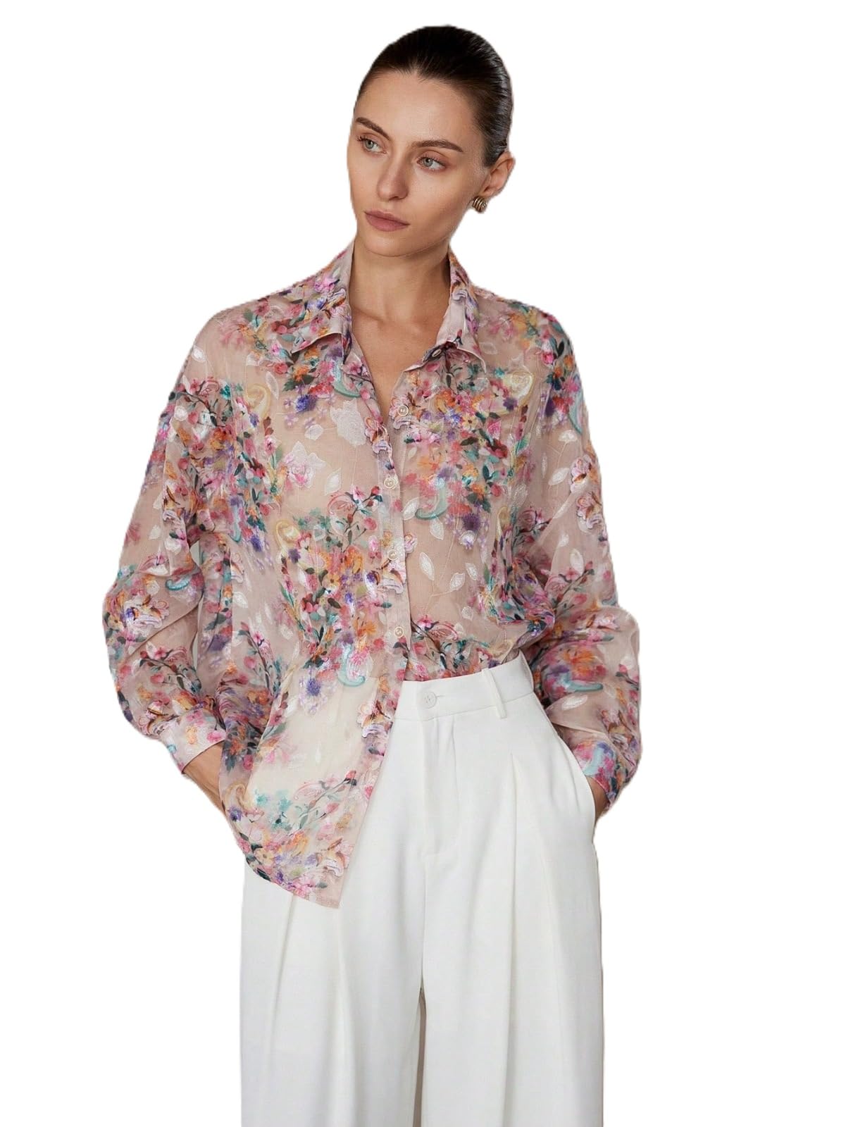 Women Shirt || Women Top ||Floral Print Polo Collar Shirt, Casual Long Sleeve (S-26-28)-picture-43