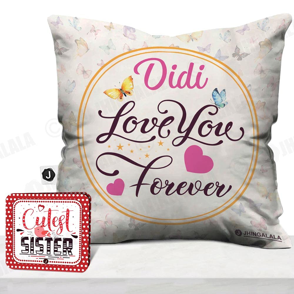 Jhingalala Gift for Sister | Didi Love You Forever Printed Cushion Cover with Filler and Greeting Card | Gift for Sister, Didi on Birthday, Raksha Bandhan