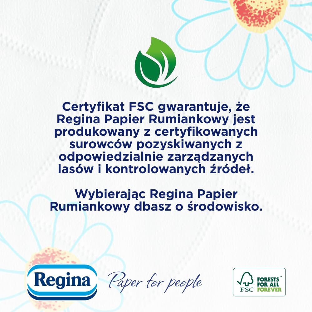 Regina Ромашковый туалетная бумага, 48 рулонов, 3 слоя | 150 листов, мягкая и нежная, ароматизированная, с принтом, большая упаковка, сертификат FSC, чистая целлюлоза, сертификат NIZP-PZH