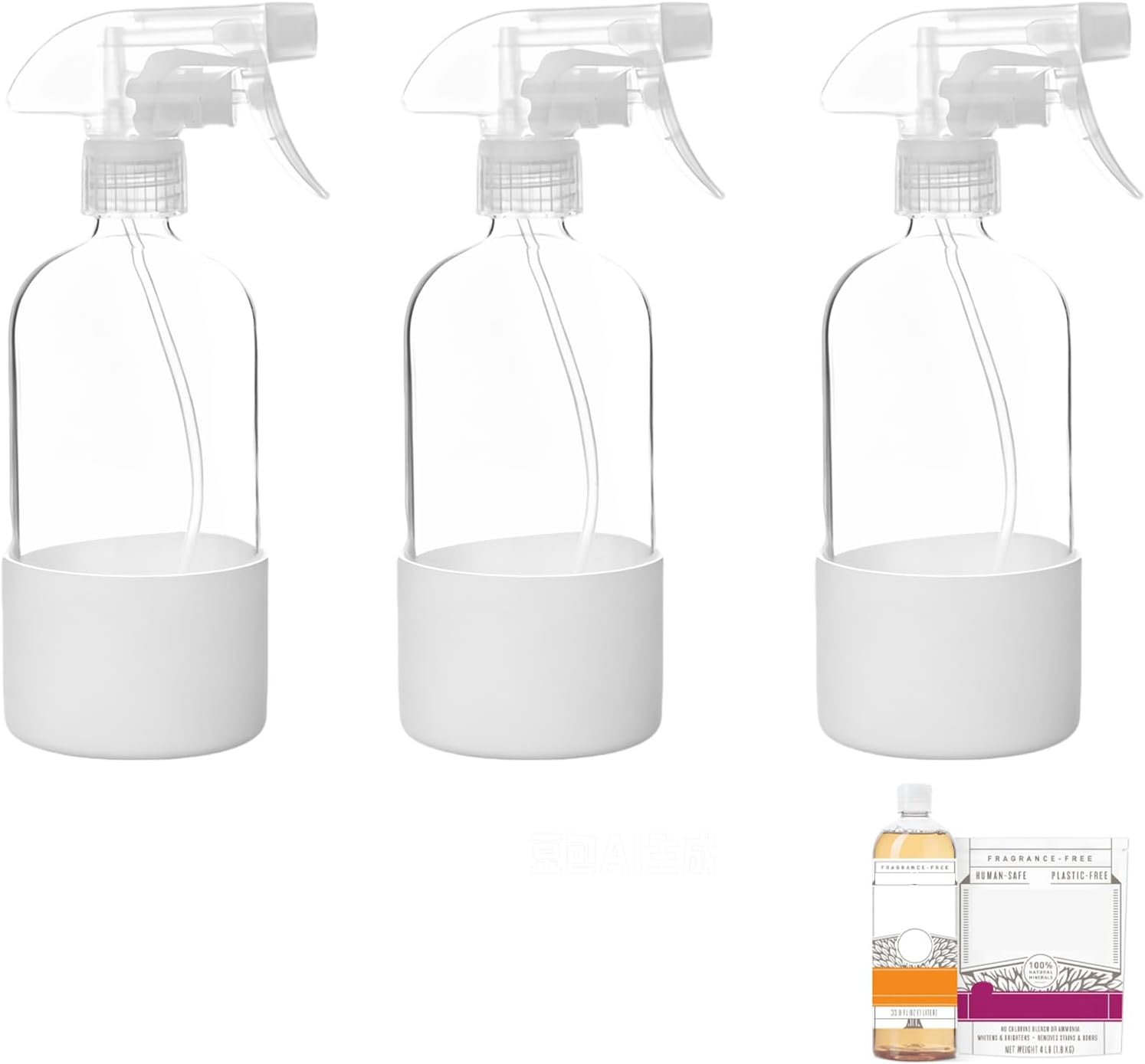 Compatible with Branch Basics Concentrate, 16oz Clear Boston Round Glass Spray Bottle, Refillable Empty Cleaning Spray Container with White Trigger Sprayer & Silicone Non-Slip Base