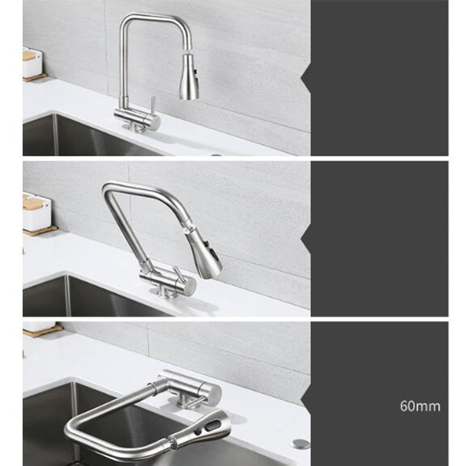 Grifo Cocina Abatible para Ventana Giratorio 3 Modo Grifo de Fregadero Abatible Acero Inoxidable Agua Fría y Caliente-Gris