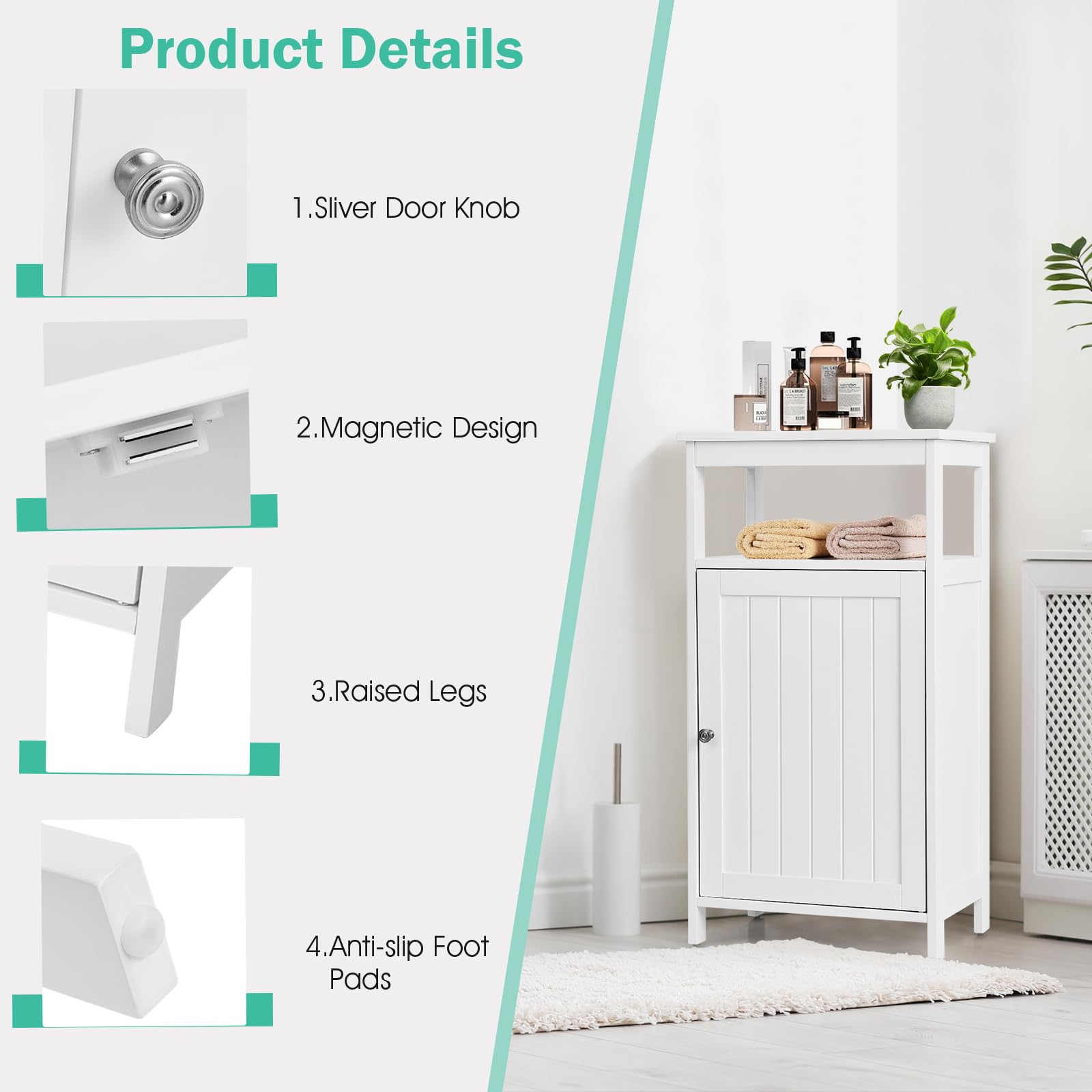 KOMFOTTEU Mobile da Bagno con Ripiano e Armadio a Porta, 45 x 30 x 84 cm, Armadietto da Terra Autoportante in MDF, Armadio d’Archivio per Soggiorno, WC, Camera da Letto, Cucina (Bianco)