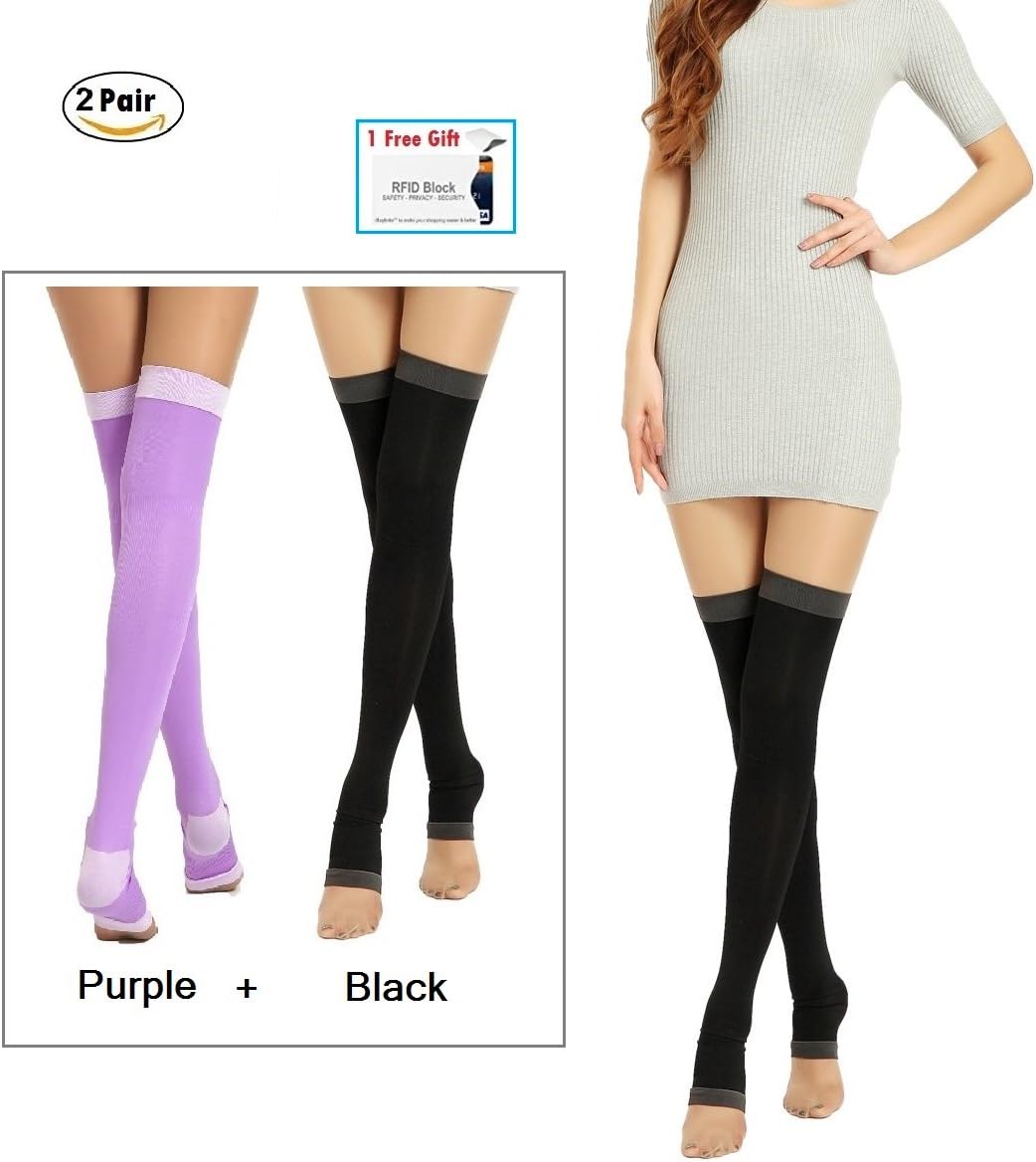 2Pair Yoga Sleep Therapeutic Thigh-high Compression Socks Toeless + Small gift ( Black + Purple S/M )