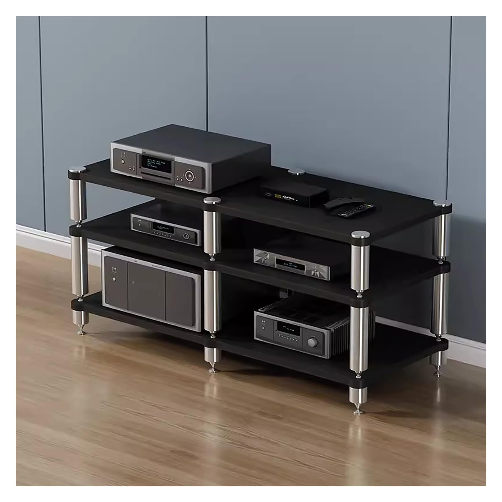 Stojak na sprzęt do kina domowego AV Heavy Duty, szafka na komponenty audio/Media Stereo Stojak na wyposażenie, 2, 3, 4 poziomy, drewniany sprzęt audio, organizer półka (czarna, 120 x 48 x 63 cm)
