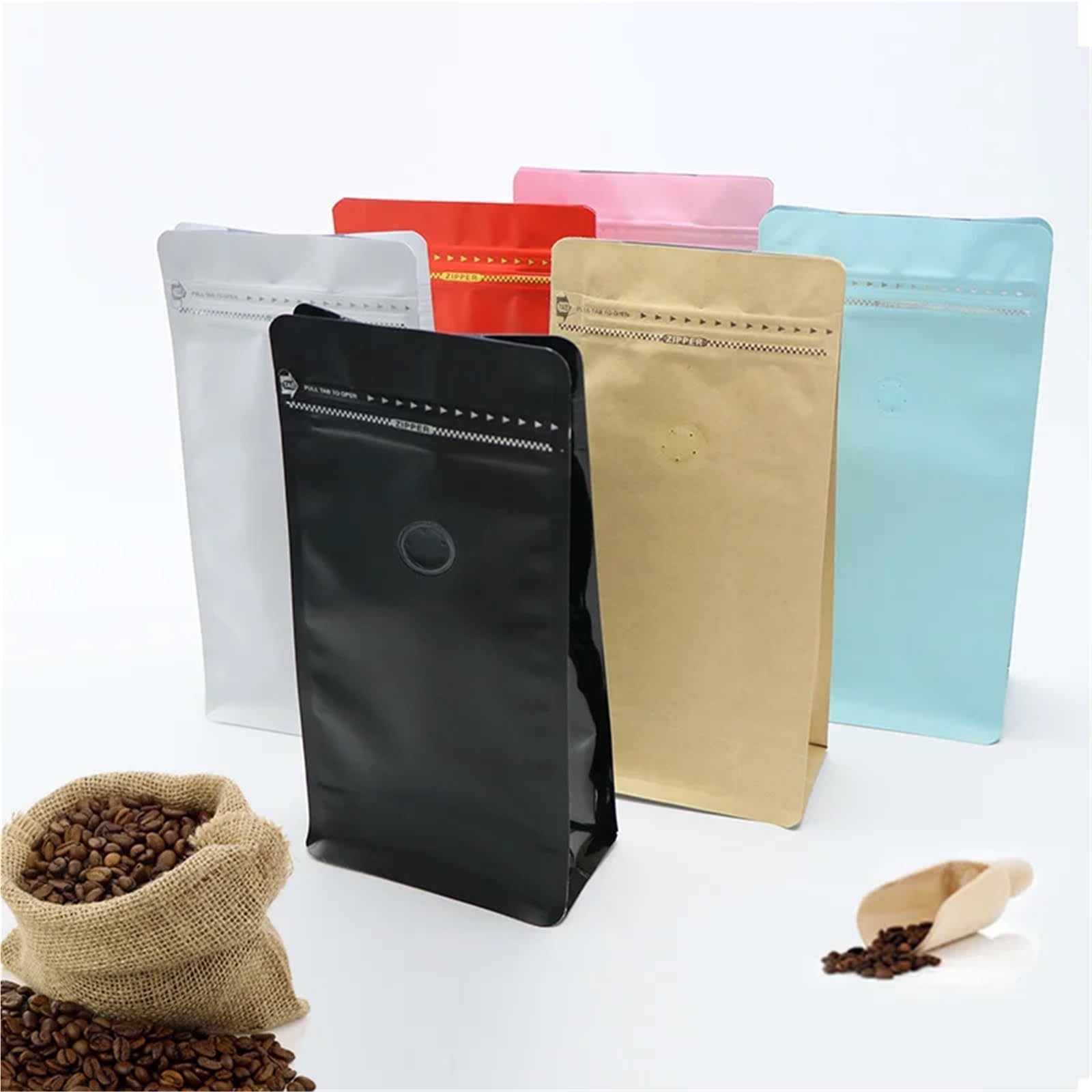 Kaffeebeutel mit Ventil, 50 Stück, Standbodenbeutel, 0,5 kg, bunte Kaffeebohnen-Verpackung, Aluminiumfolie, Druckverschlussbeutel mit einseitigem Entgasungsventil (schwarz, 150 x 320 mm, 1000 g)