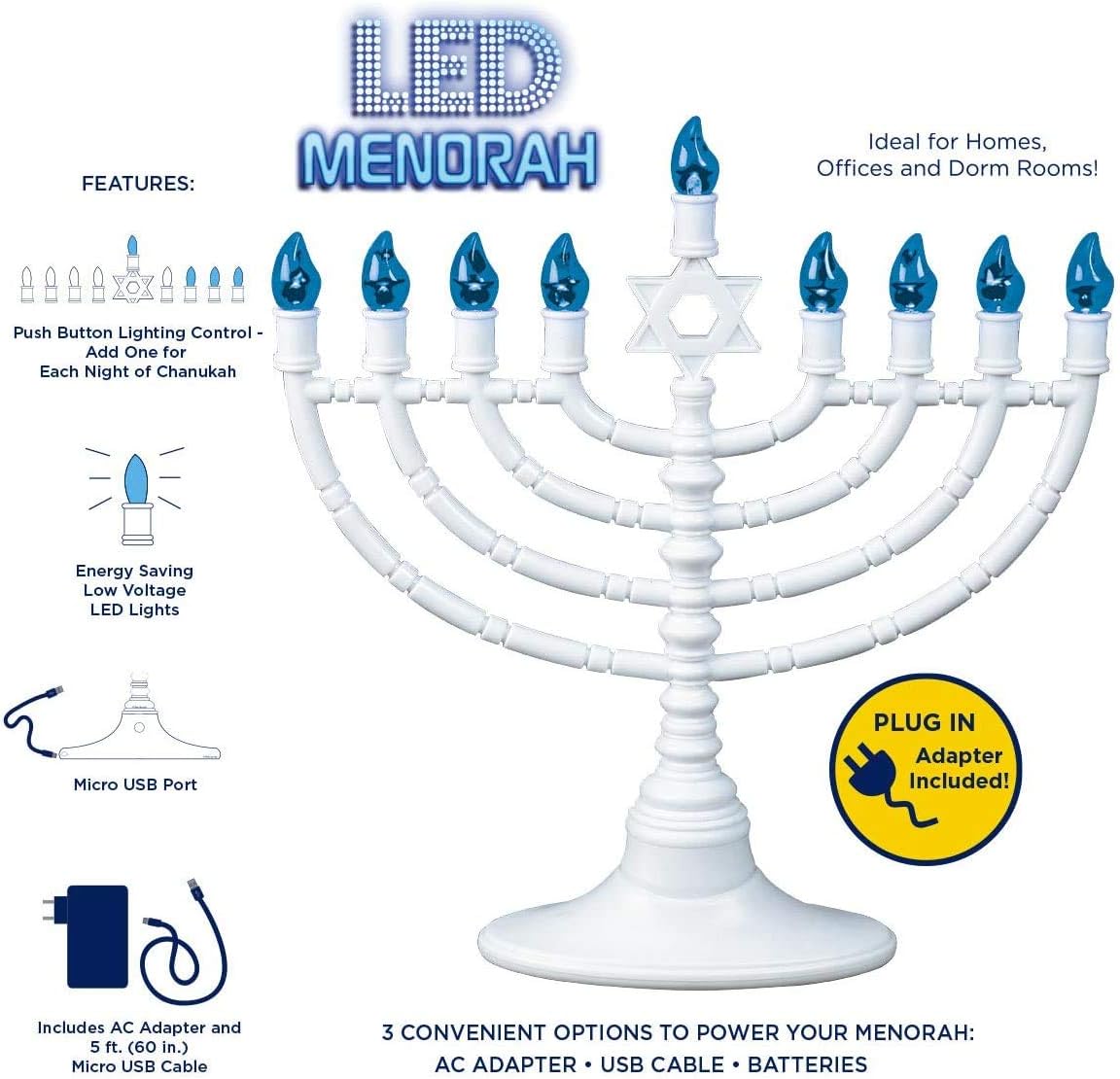 Rite Lite Blue Plastic Electric LED Low Voltage Chanukah Menorah with Clear Bulbs - Hanukkah Menorah Battery or USB Powered - Includes a Micro USB 4' Charging Cable : Home & Kitchen