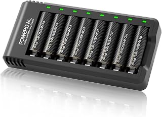POWEROWL Goldtop AA Battery Pro with 8 Compartment Battery Charger, High Capacity NiMH AA Batteries Rechargeable 2800 mAh Pack of 8 with 8 Slot Battery Charger