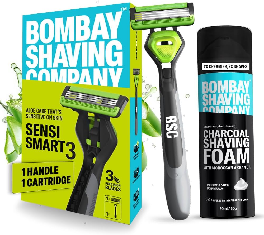 Sensi Smart 3 Razor and Charcoal Shaving Foam Combo | 3 Blades Shaving Razor For Men | Charcoal Shaving Foam, 50g