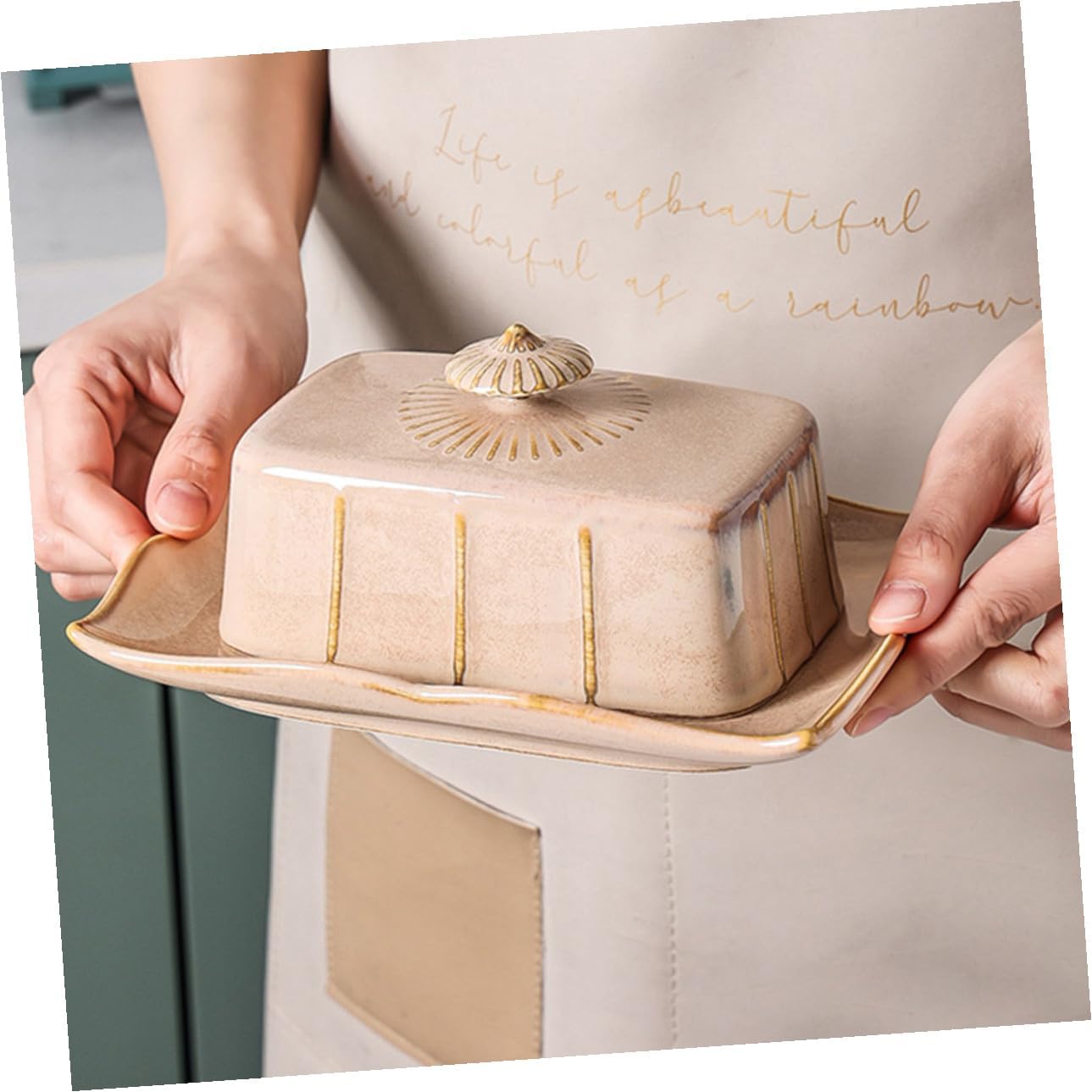Ceramic Butter Storage Tray with Lid Airtight Food Serving Plate for Butter Cheese and Snacks Practical Multi-functional Porcelain Dish for Family Gatherings and Parties Khaki