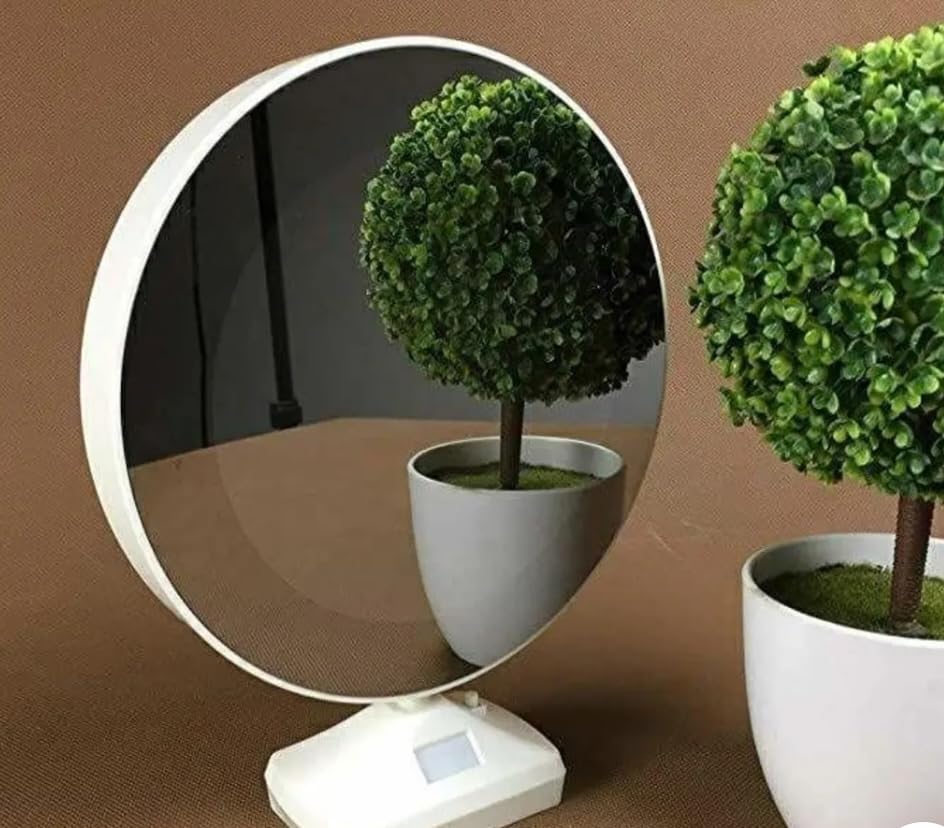 Image of Round Magic Mirror Photo Frame with LED Light, White, Desktop Stand, 8x8 Inch