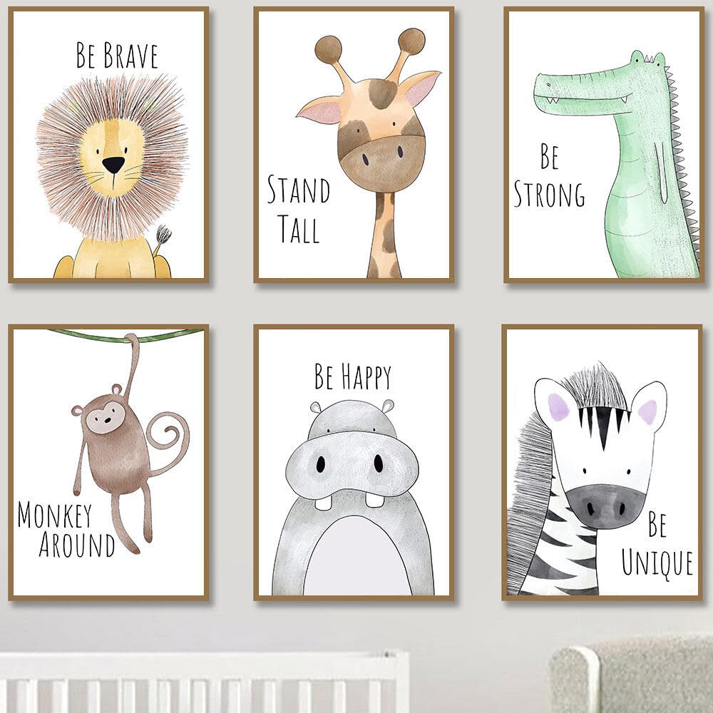Hwtcjx Set di 6 immagini per la Cameretta dei Bambini, Quadri Cameretta Bambino, Decorazione per Bambini, Quadri per Camera Bambini, Animali Della Foresta, Safari, Senza Cornici (20 x 30 cm) (Set 1)