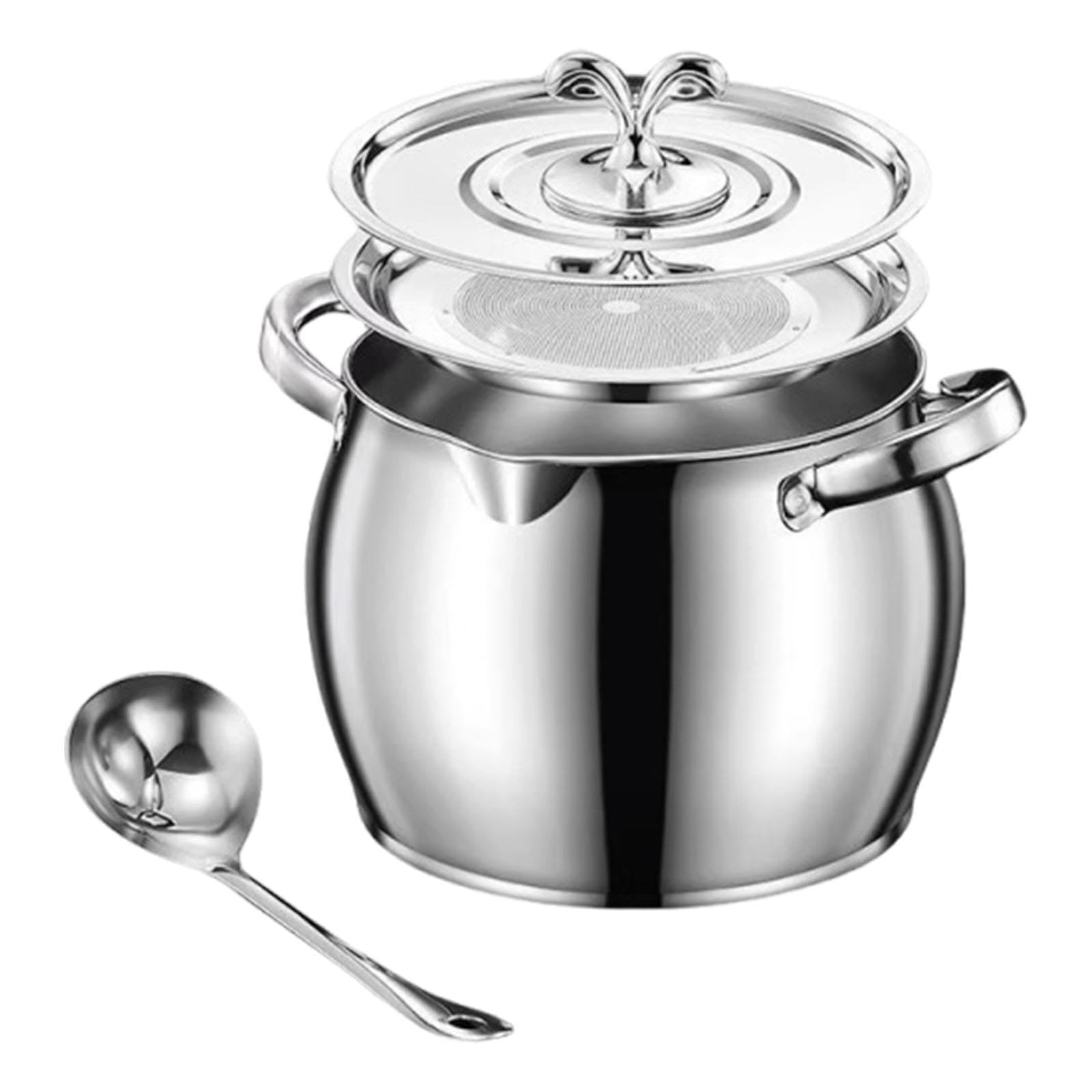 Contenedor de aceite en acero inoxidable pulido de 1.5L con filtro fino y cuchara a juego