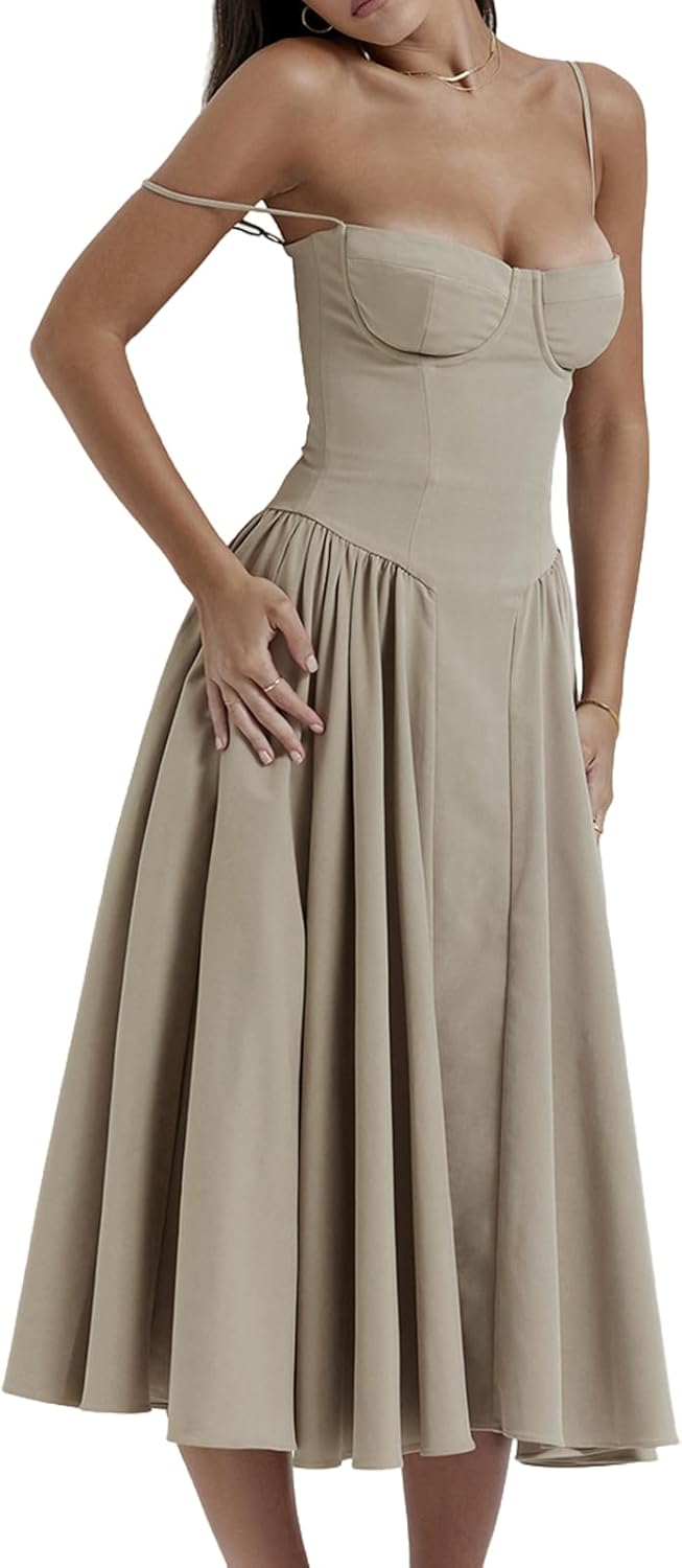 Women's Corset Dress Vintage Spaghetti Strap A-Line Midi Elegant Bustier Cocktail Party Evening Tea Dresses Pocket