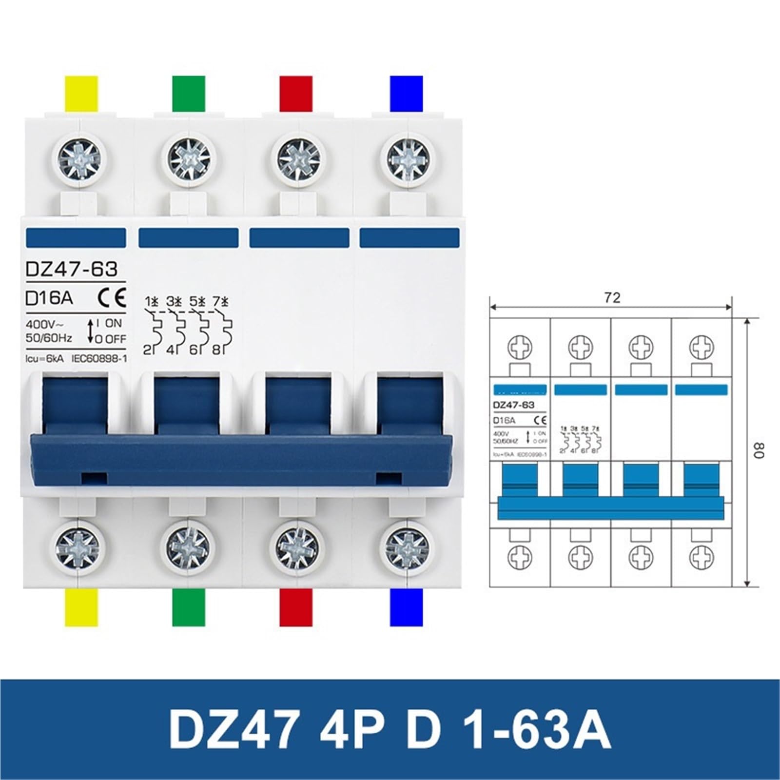 DZ47 Wyłącznik prądu zmiennego z krzywą D, 10 A ~ 125 A, 400 V, wyłącznik startowy, maszyna, wyposażenie przemysłowe, pompa wodna, wysoki prąd (2P, 100A)