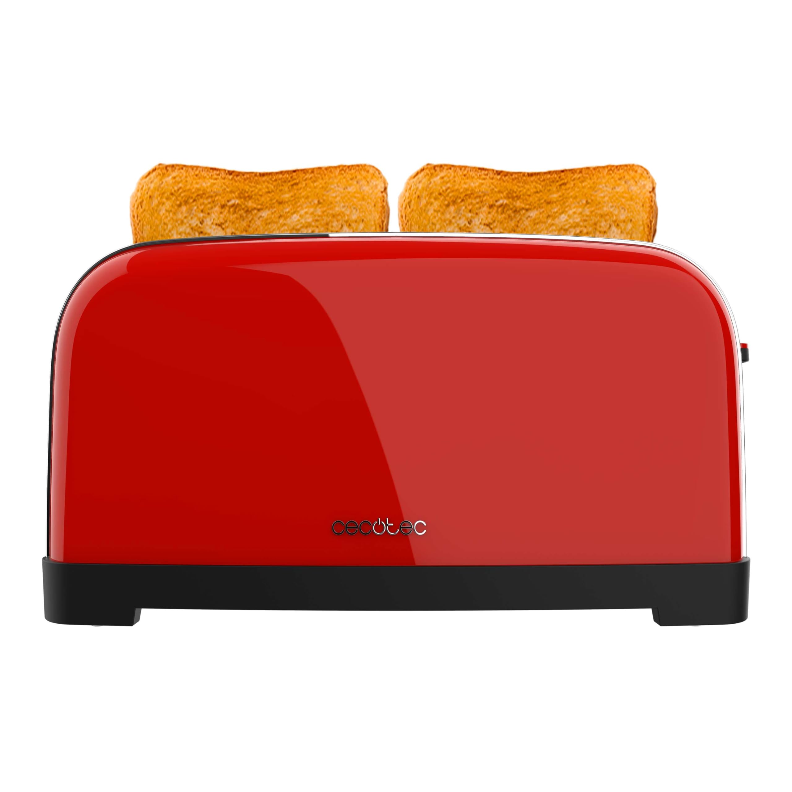Cecotec Grille-pain Vertical 2 Fentes Longues Toastin' Time 1500 Rouge. 1500 W, 4 Tranches de Pain, Fente Large de 3,8 cm, Support pour Petits Pains et Bac à Miettes, Acier Inoxydable et Rouge