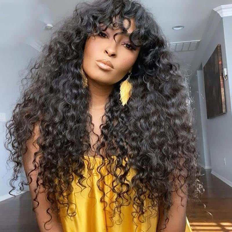 Water Wave Wig with Bangs Glueless Ocean Wave Wig with Bangs None Lace Front Human Hair Wig for Black Women Water Wave Human Wigs Deep Wavy 22 inch Hiyorlik
