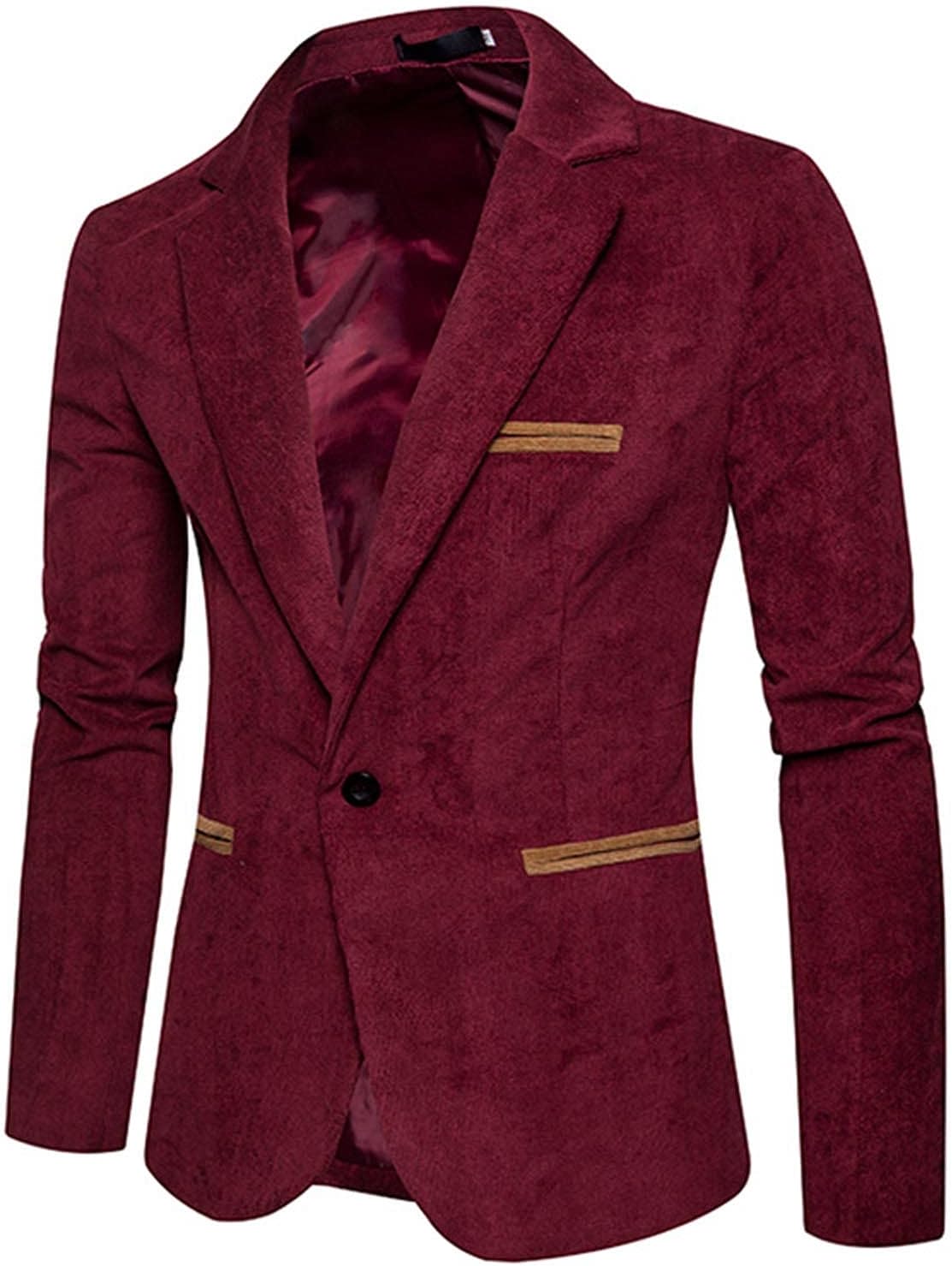 Mens Corduroy Blazer Jacket,Plain Suit Jacket Regular Fit One Button Suit Blazer Notched Business Work Wedding Formal Tuxedo Jackets