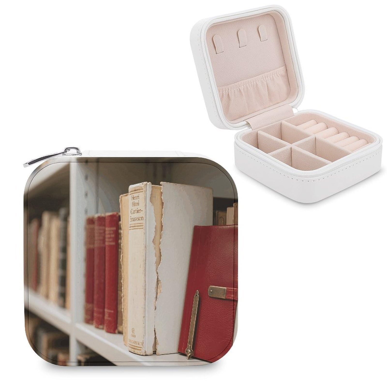 VstaDank Library Bookshelf Book Jewelry Box for Women Jewelry Organizer Storage Case with Zipper Mini Travel Jewelry Case Cute Trinket Organizer Leather Portable Jewelry Storage Box