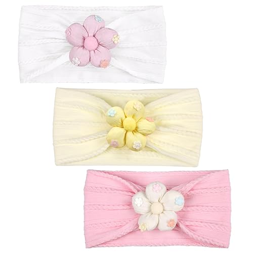 Diadema de 3 piezas con diseño de flores, de nailon, suave, cómoda, elástica, para baby shower, recién nacidas, esenciales para bebés (amarillo,