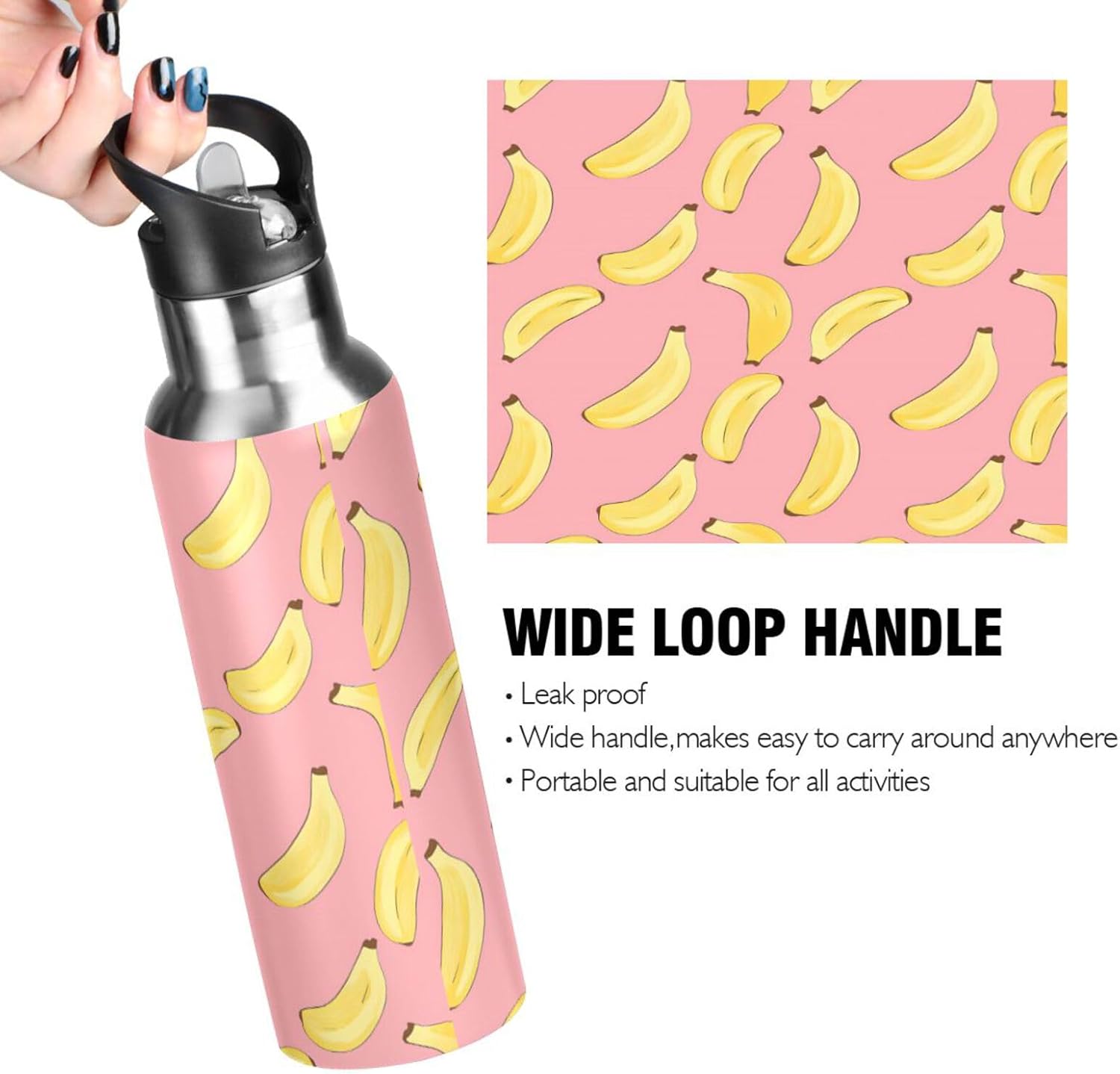 ALAZA Banana Pink Pattern Water Bottle with Straw Lid Vacuum Insulated Stainless Steel Thermo Flask Water Bottle 32oz