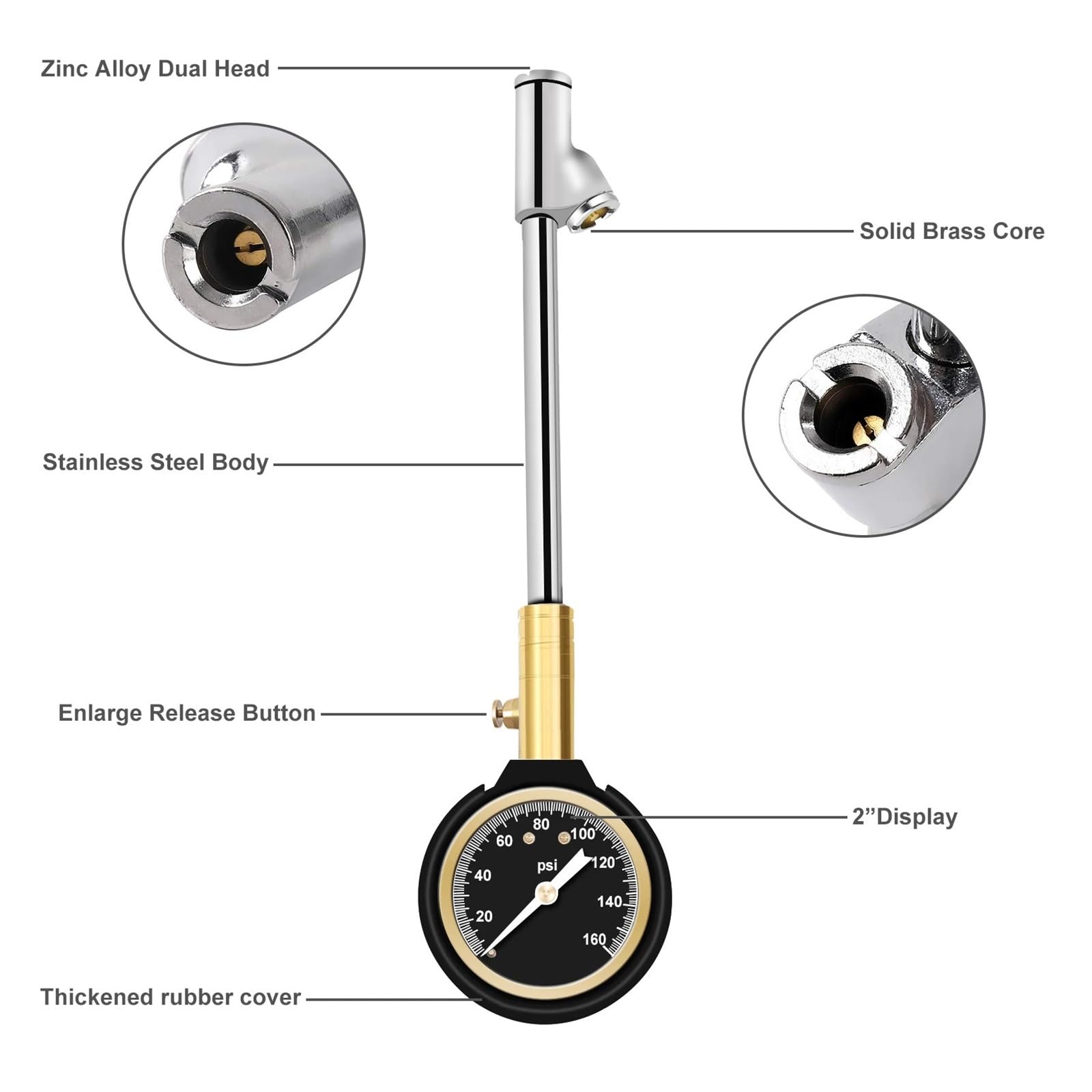 Manomètre De Pression Des Pneus À Double Tête, 160 PSI, For Camion Robuste, Jauge De Pression D'air Mécanique, Brille Dans La Nuit Facile à Utiliser