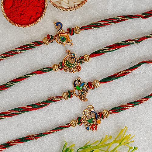 Image of eCraftIndia Set of 4 Multicolor Designer Peacock Rakhis, Best Bro Ever Fridge Magnet with Roli Chawal Pack - Rakhi for Brother, Bhaiya, Bhai