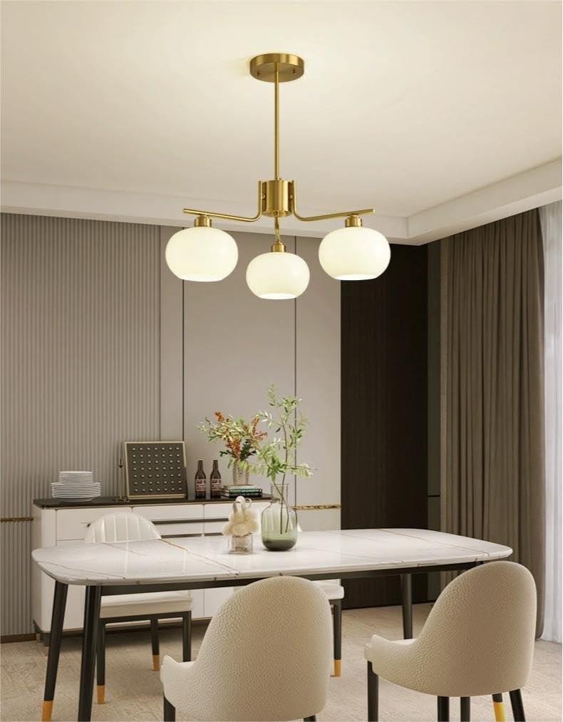 LIGHTLAND Modern Persimmon Chandelier, Recessed Mount Ceiling Strip 3 Cream Glass Shades, 31.5 Inch, Gold Chandelier Application Dining Room Island Kitchen