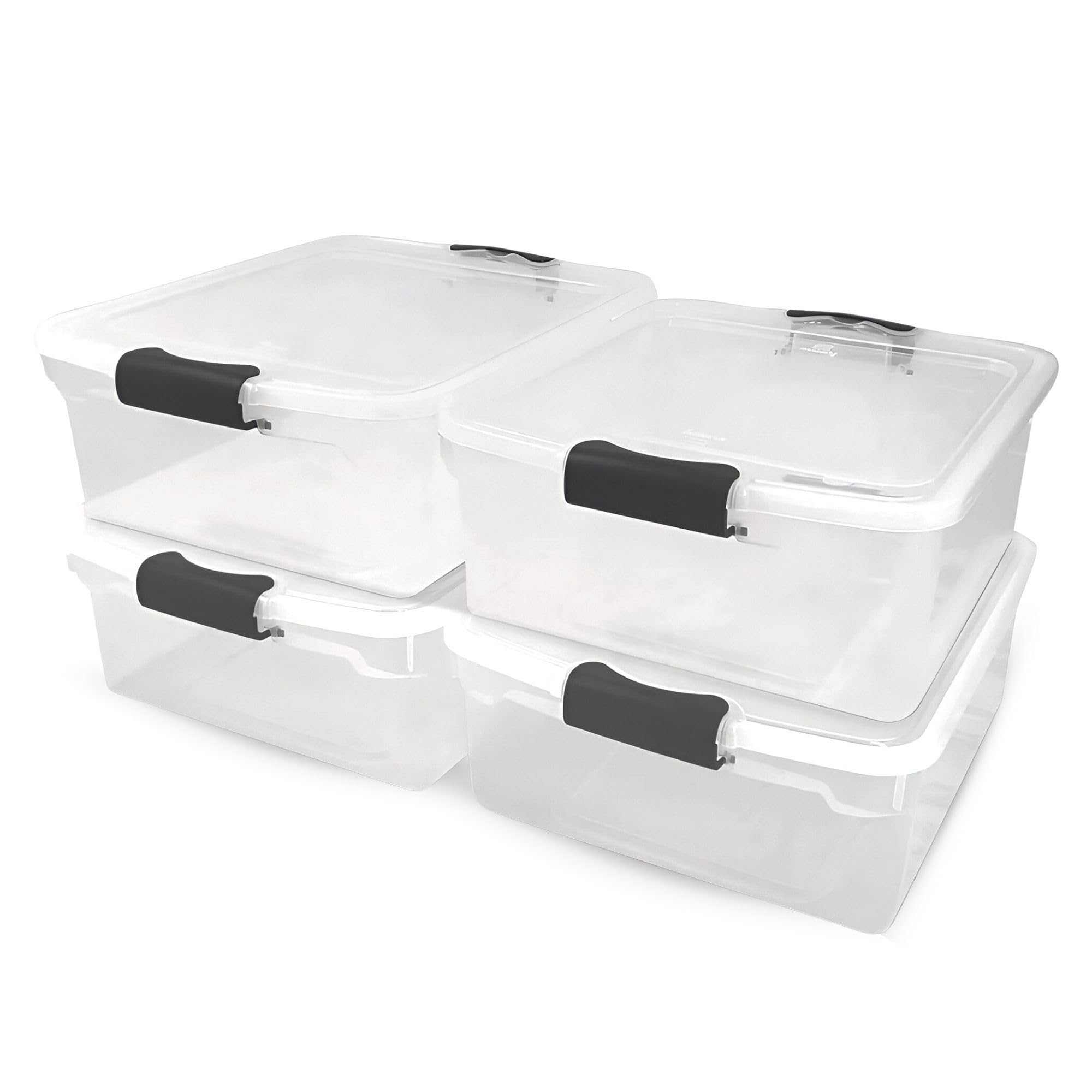 HOMZ 4-Pack Latching Lid, Small Clear Plastic Storage Bins w/Lids, 15.5 Quart, Gray Latch