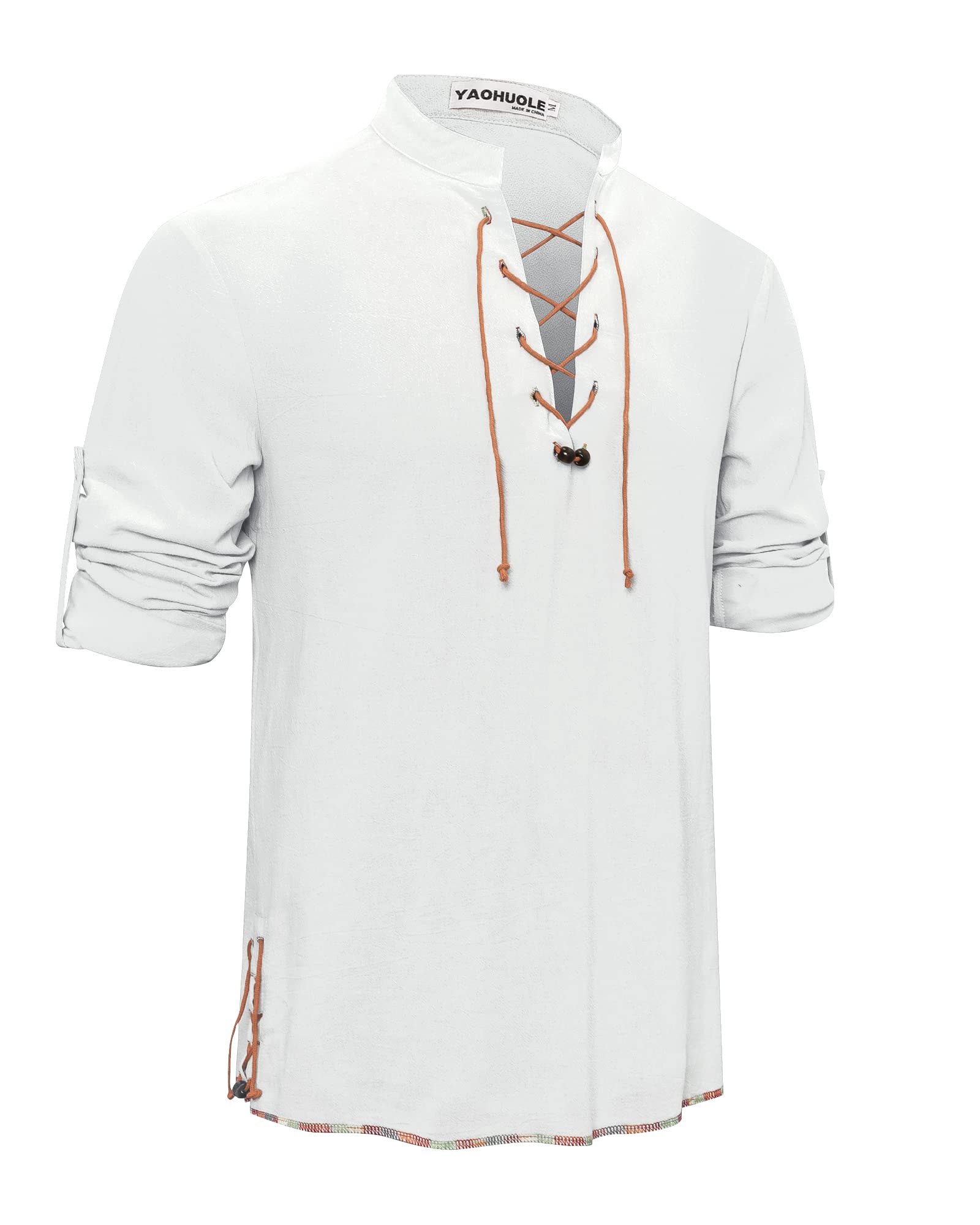 YAOHUOLEMen's Linen Shirt Long Sleeve Retro Lace Up Shirts for Medieval Costume Renaissance Pirate Tops Scottish Ghillie Shirt Viking Clothing