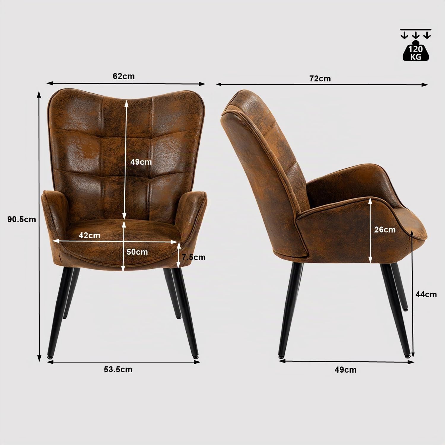 MEUBLE COSY Poltrona Imbottita Sedia da Salotto con Braccioli Poltroncina Relax con Schienale Alto e Cuscino Spesso Gambe in Metallo per Soggiorno in Pelle Scamosciata Marrone