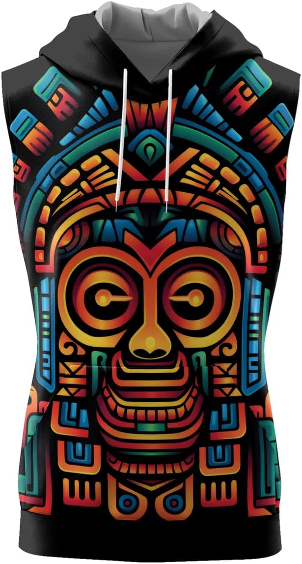 Aztec Sleeveless Hoodies for Men Workout Hooded Tank Top Gym Bodybuilding Muscle Shirt