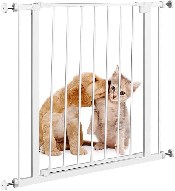 COSTWAY Safety Gate, Pressure Fit Opening 76 - 86cm, Metal Stair Gates with 4 Pack Mount Kits and Wall Cups, Extendable Walk Through Gate for Dogs