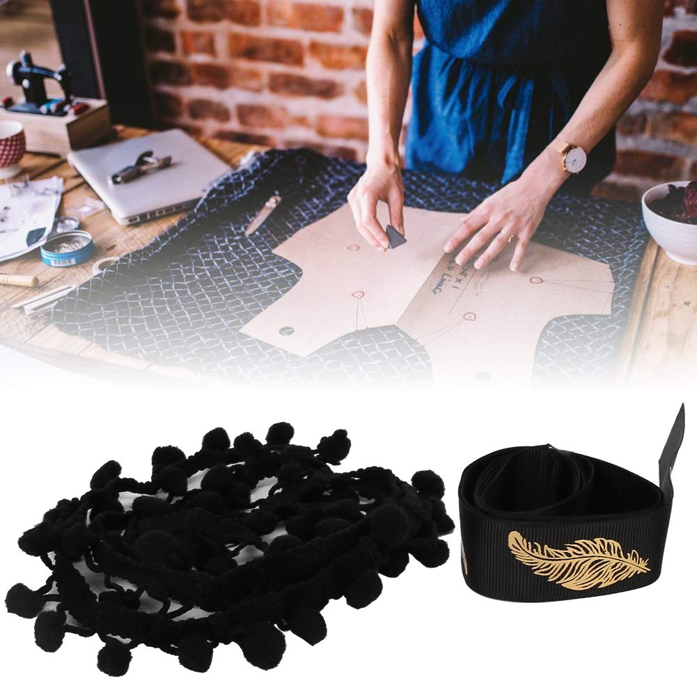 Szycie koronkowych wykończeń, 2 szt. Wstążka z frędzlami w kształcie kulki Pom Tapicerka do szycia, wianek kuli Szycie frędzli Koronka(Black)