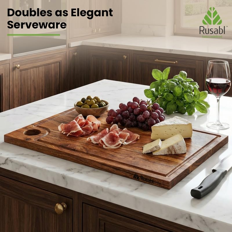 Image of Rusabl EcoWood Terra Acacia Wood Chopping Board, 40.6 x 22.9 x 1.5 cm, XXL | Handcrafted End Grain Rectangular Cutting Board for Fruits & Vegetables