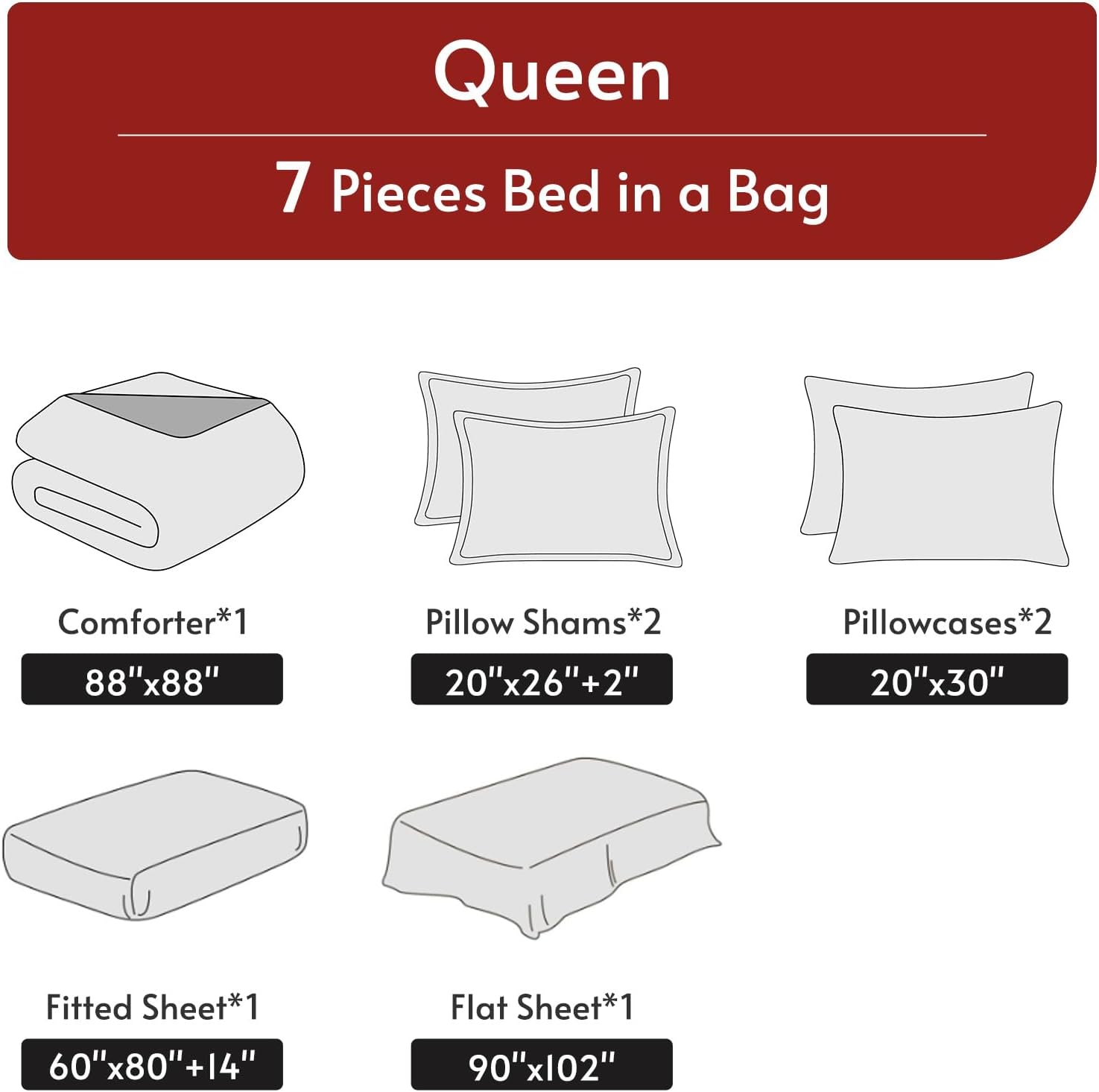 MUXHOMO 7 Pieces Queen Comforter Set, Reversible Bed in a Bag Queen Size, All Season Bedding Set with Comforter, Flat Sheet, Fitted Sheet, Pillowcases & Shams, Red & Black - Image 5