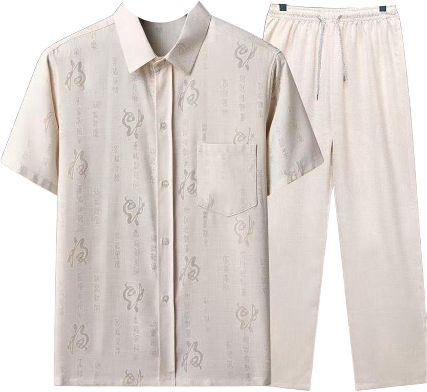 Men's Cotton Linen Set Short Sleeve Shirt Long Pants Breathable Printed 2 Piece Summer Outfit