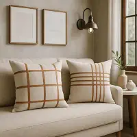 Capas de Almofada Decorativas em Linho, Design Grid Geométrico com Detalhes em Couro Caramelo, 45x45cm, Kit 2 Peças