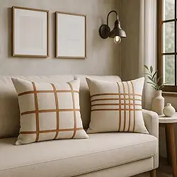 Capas de Almofada Decorativas em Linho, Design Grid Geométrico com Detalhes em Couro Caramelo, 45x45cm, Kit 2 Peças