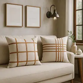 Capas de Almofada Decorativas em Linho, Design Grid Geométrico com Detalhes em Couro Caramelo, 45x45cm, Kit 2 Peças