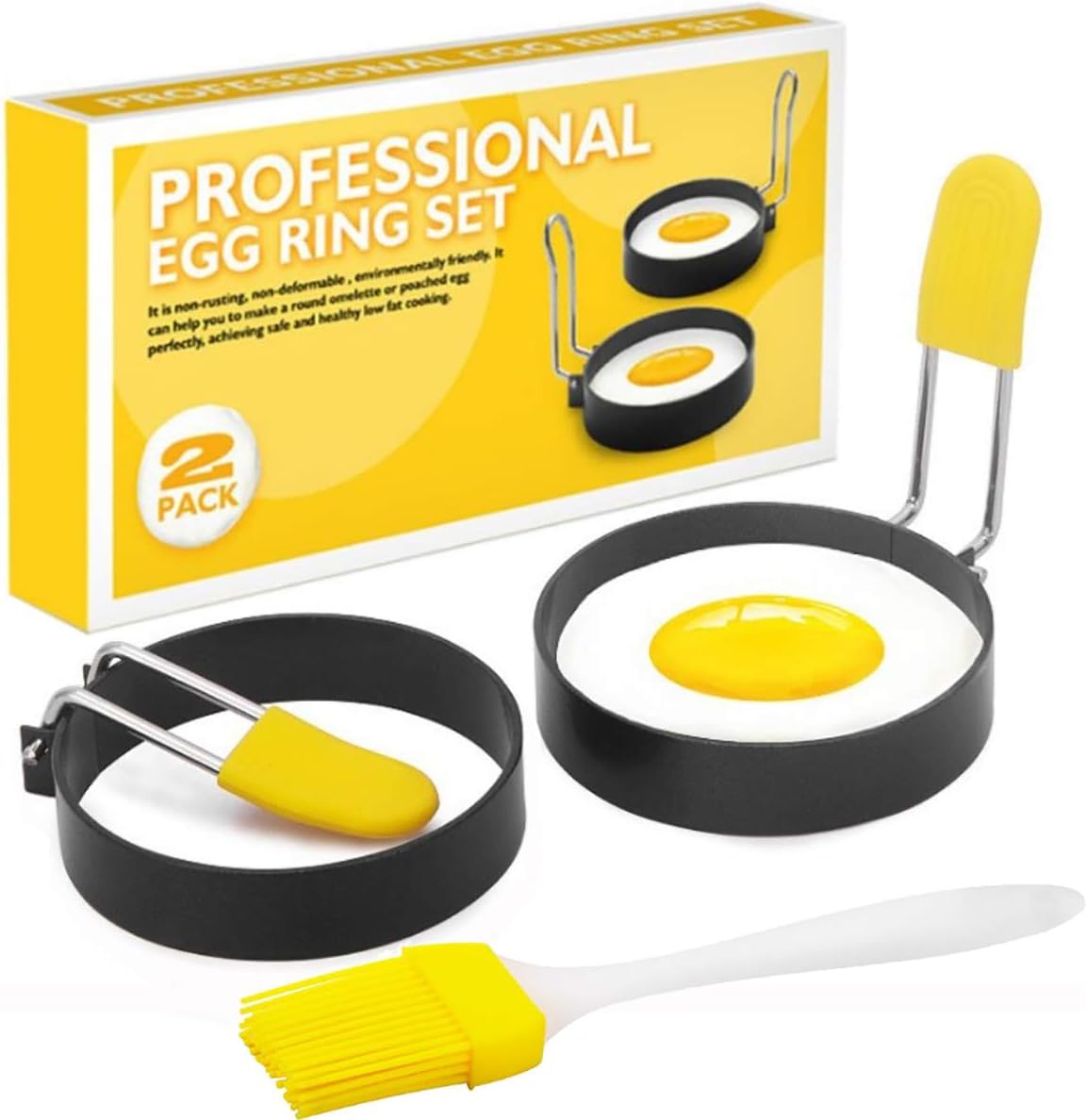 Egg Ring for Frying Eggs and English Muffin - Round Egg Shaper Mold with Anti-scald Handle - Stainless Steel Non-stick Egg Cooker Ring - 2 Pack (Oil Brush Included)