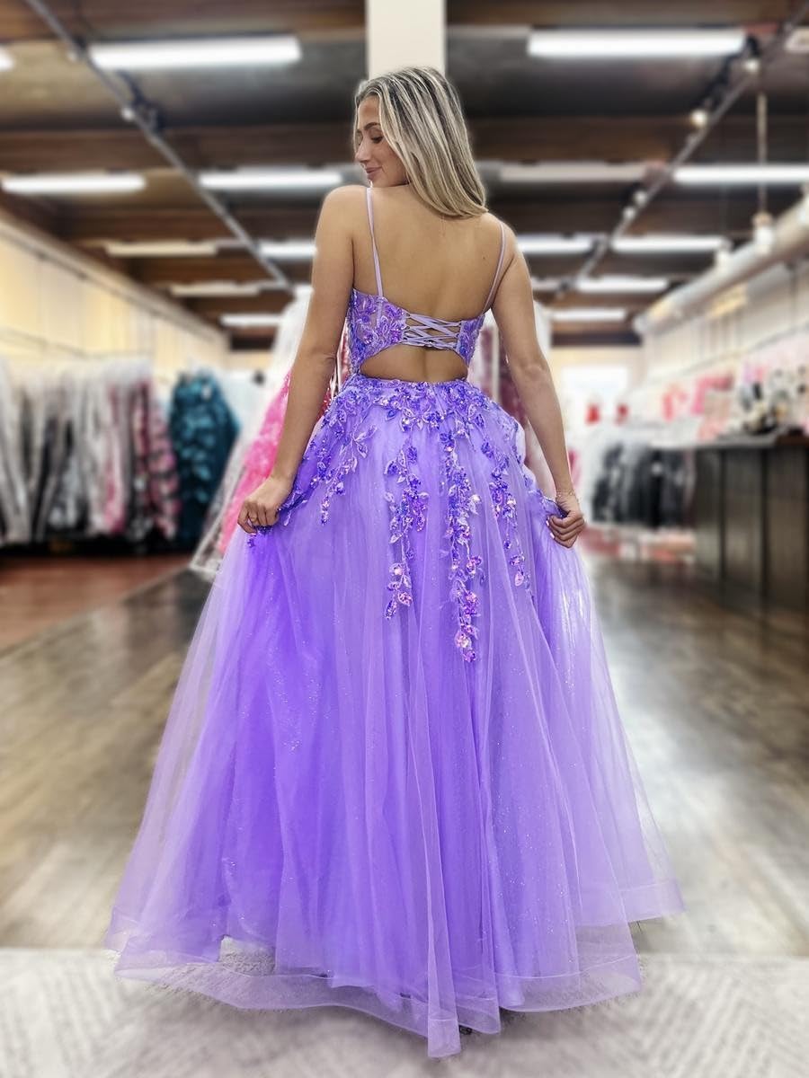 Spaghetti Straps Lace Appliques Tulle Prom Dresses with Slit Sparkly Long A Line Formal Evening Party Gowns