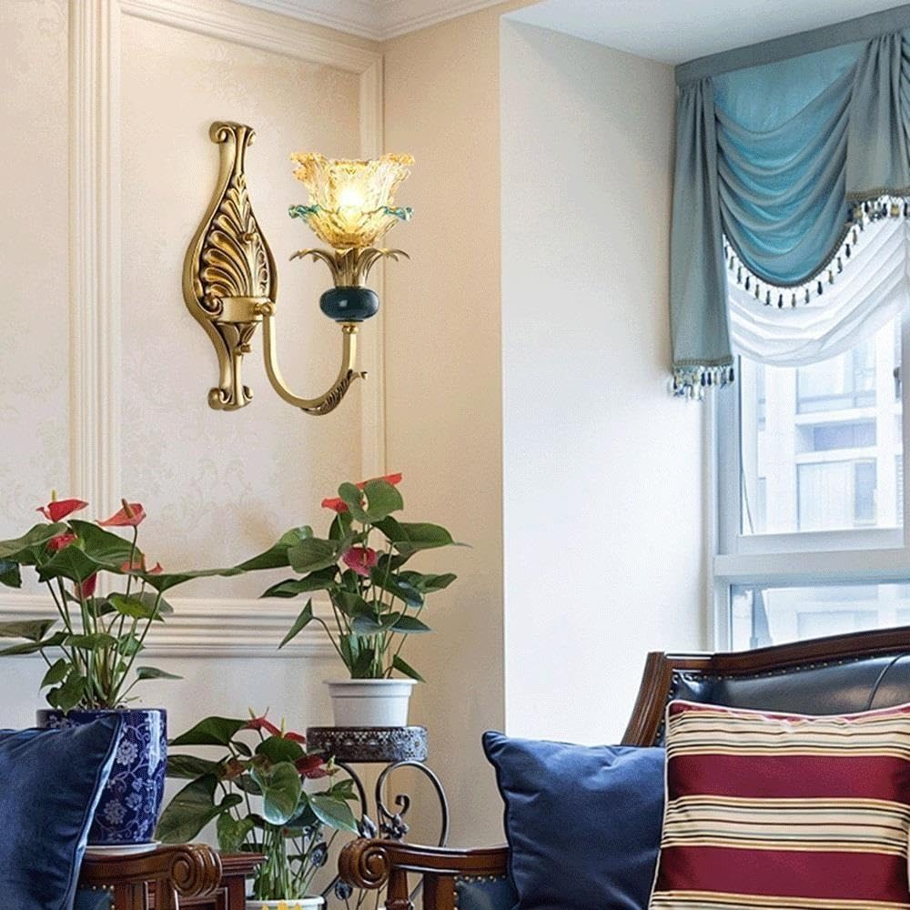Aplique de Pared de Cristal Floral, Lámpara de Vela Francesa de Latón E14/Luz Cálida