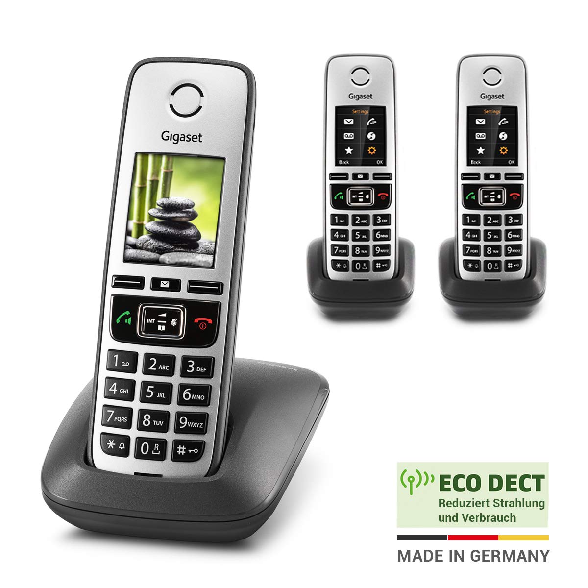 Gigaset Family Trio – 3 schnurlose Telefone mit großem, farbigem Display und hoher Reichweite – anthrazit-grau