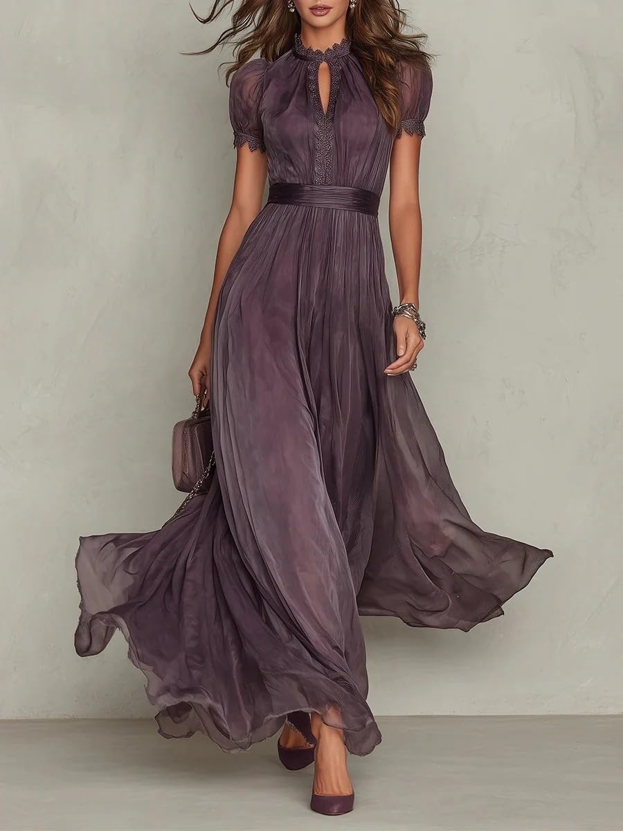 Générique Maxi-Robe pour Femme Violet foncé bordée de Dentelle – Robe Longue Fluide et décontractée à Manches Courtes, Style bohème, idéale pour la Plage ou Les soirées Estivales élégantes