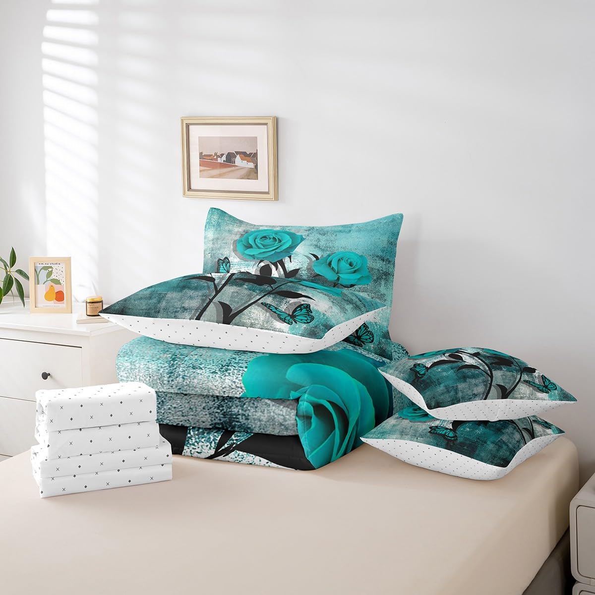 Erosebridal Bed in A Bag Teal Blue Comforter Set Queen,Turquoise Ombre Rose Bedding Set 7 Piece,Watercolor Contemporary Artwork Reversible Bed Set with Sheet Set,Bedroom Decor