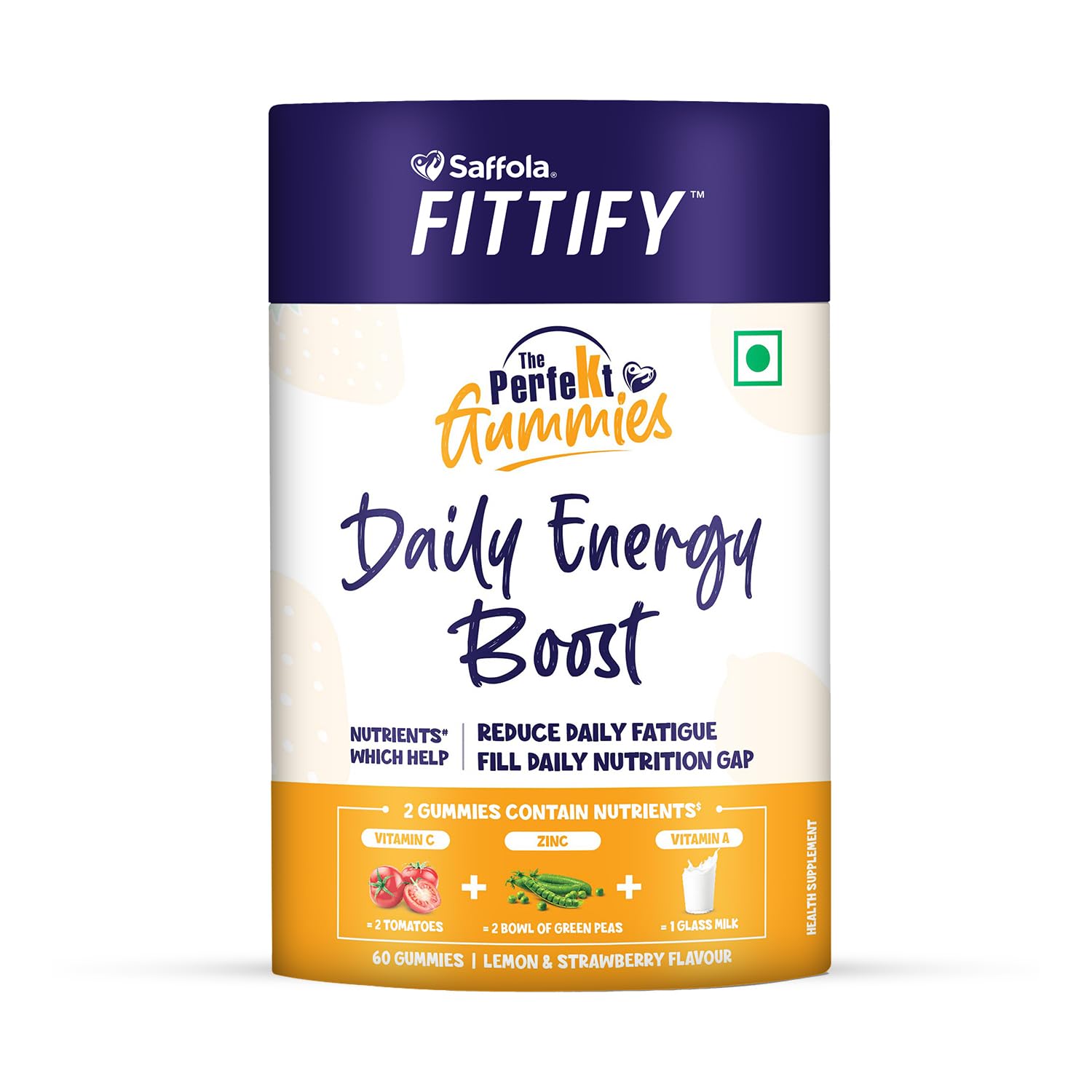 Saffola FITTIFY The PerfeKt Gummies | Daily Energy Boost | 60 Gummies | Kids & Adults | Nutrients like Vitamin C, Vitamin A & Zinc reduces Daily Fatigue | Lemon & Strawberry Flavour