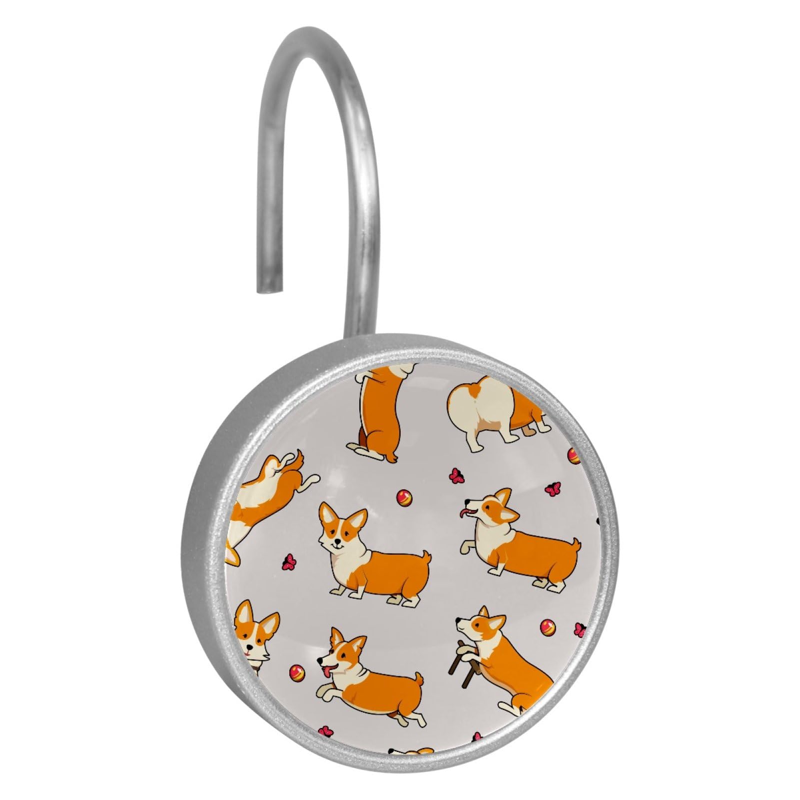 Set of 12 Stainless Steel Shower Curtain Hooks, Shower Rings for Bathroom, Rustproof Decorative Shower Hangers for Bedroom Living Room Shower Curtain Rod (Corgis Butterflies)