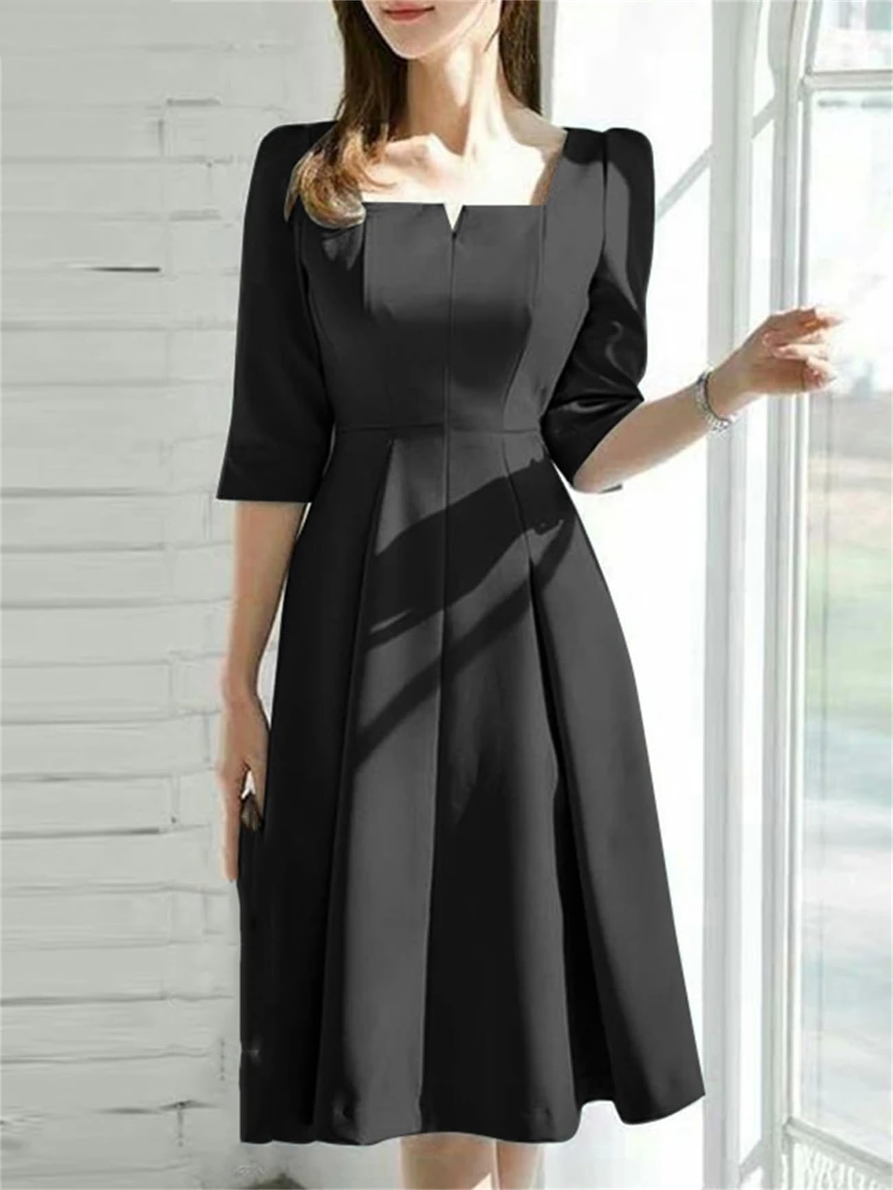 Abito da donna a mezza manica con colletto quadrato prendisole moda estate elegante abito da festa casual solido abiti da lavoro Robe