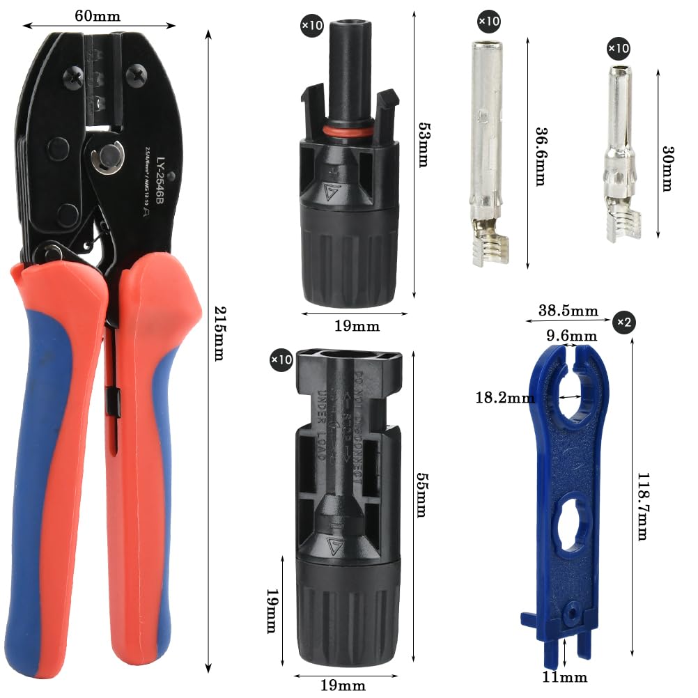 Juego de Herramientas de Crimpado Solar para 2,5/4/6 mm² - 1 Tenaza, 10 pares Conectores, 2 Llaves