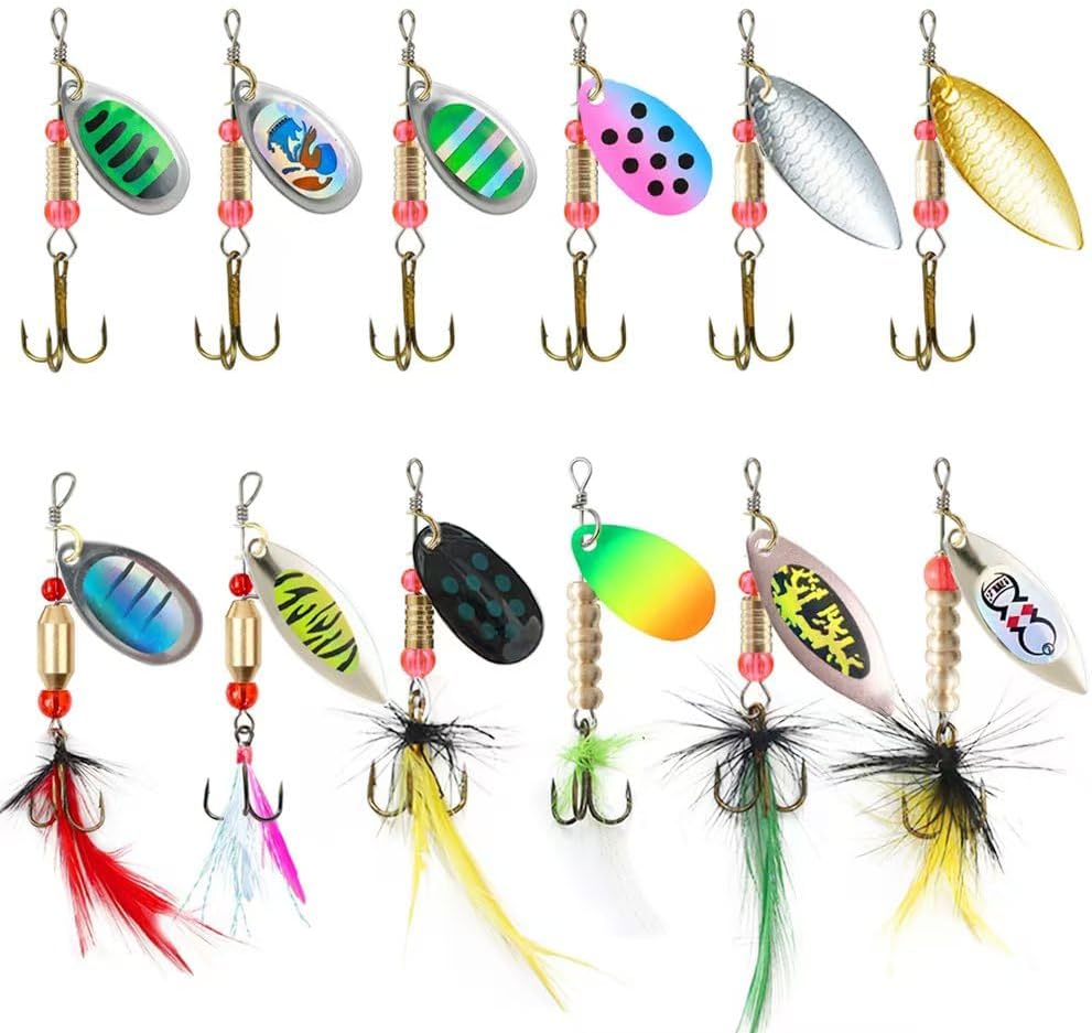 KINGFOREST 12pcs Fishing Lures Spinnerbait for Bass Trout Salmon Walleye Hard Metal Spinner Baits Kit with Tackle Box